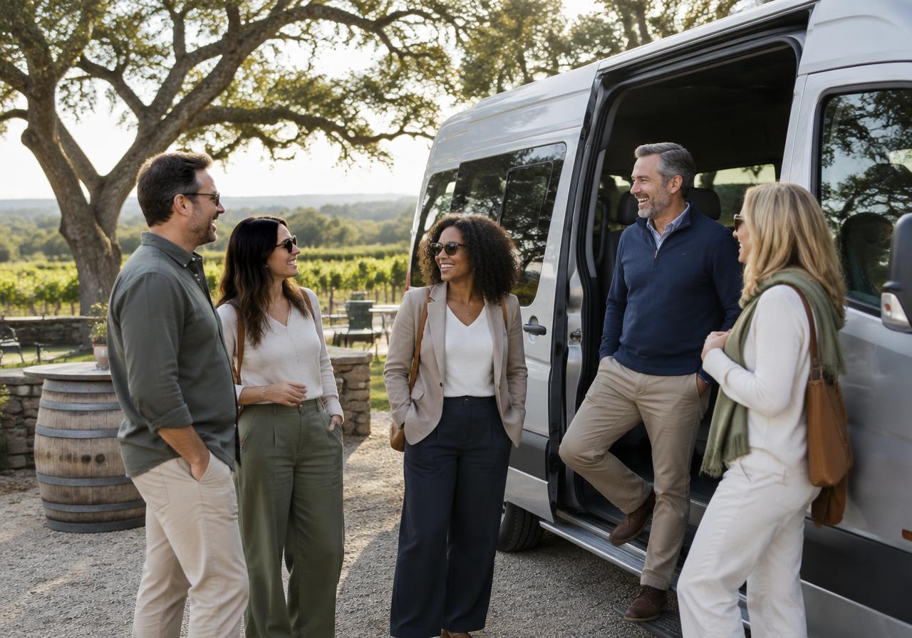 Representative group of friends beside a passenger van in the Texas countryside
